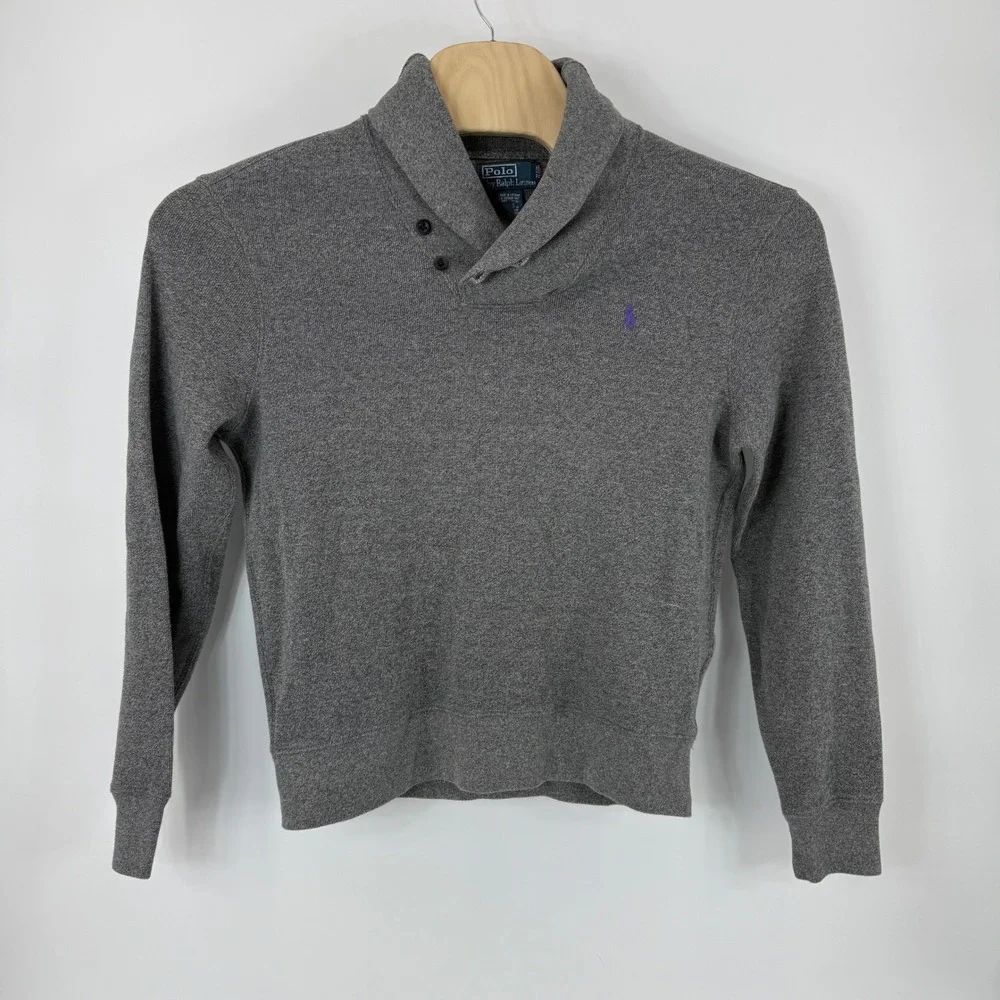 Polo Ralph Lauren Mens Gray Cotton Shawl Collar Sweater Purple Pony Size M‎